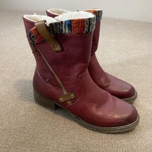 Rieker Boots Womens Size 10 (41) Red Synthetic Knit Cuff Ankle Zip Block Heel